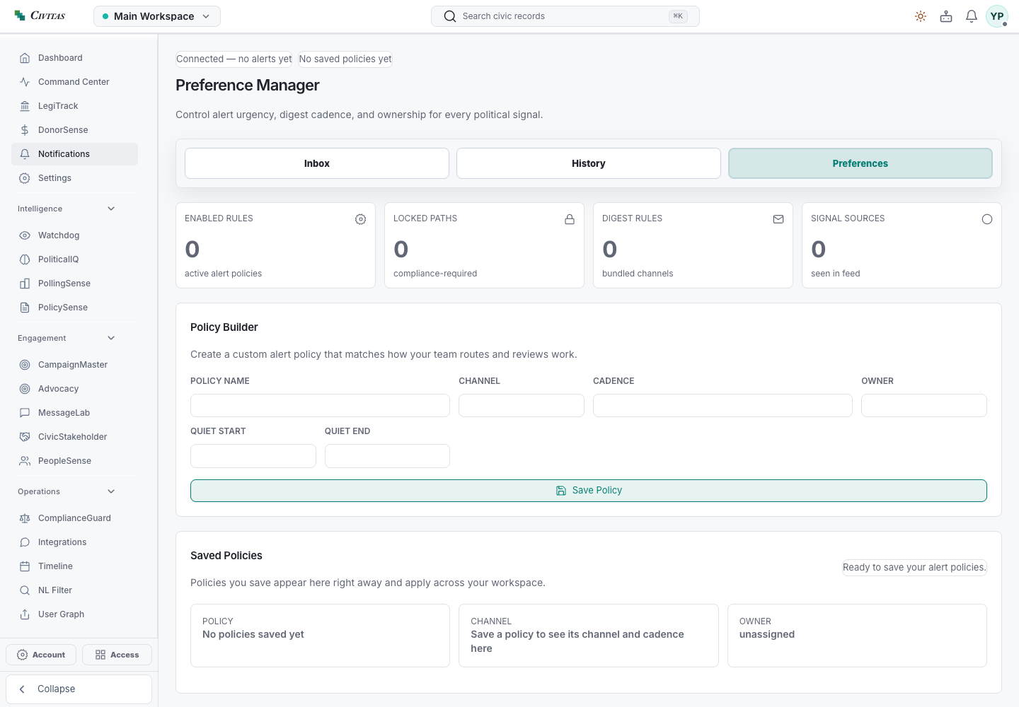 Actual notification preference form with channel, cadence, ownership, and quiet hours